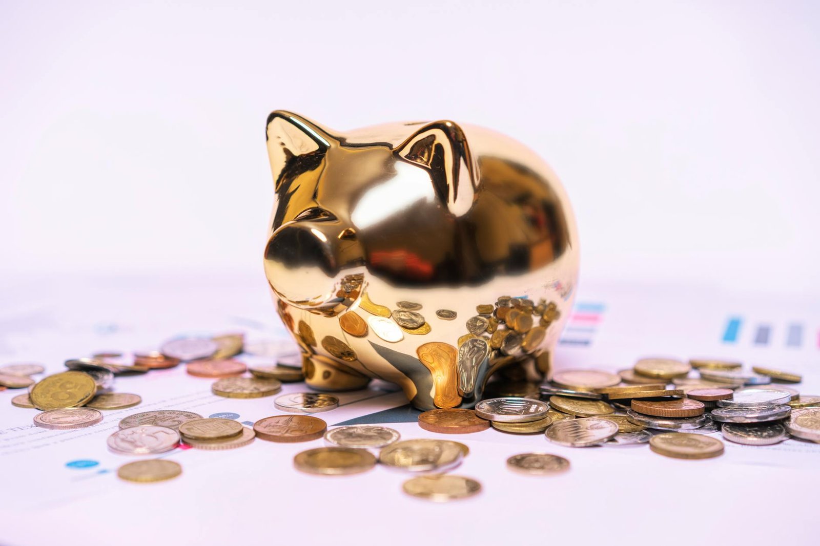Shiny golden piggy bank symbolizes savings alongside financial documents and scattered coins.